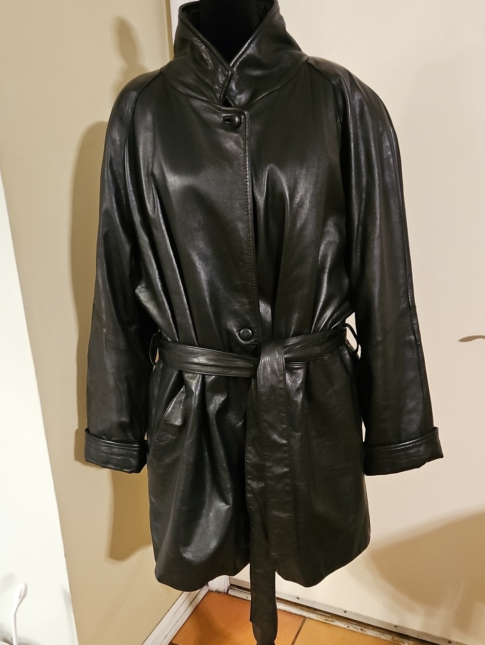 Vintage Wilsons Leather Insulated Trench Coat Jacket Belted Thinsulate Black XL